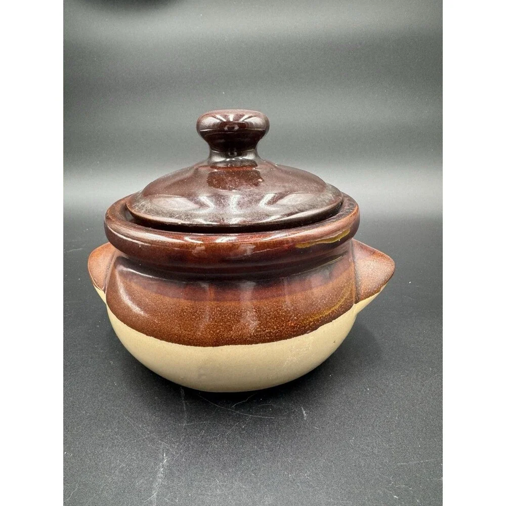 vintage brown stoneware bean pot with lid